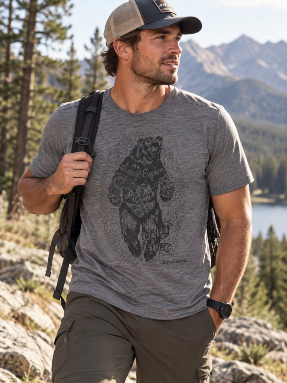 Smartwool Merino Explore Bear Graphic Tee Men's Size L Grey EUC